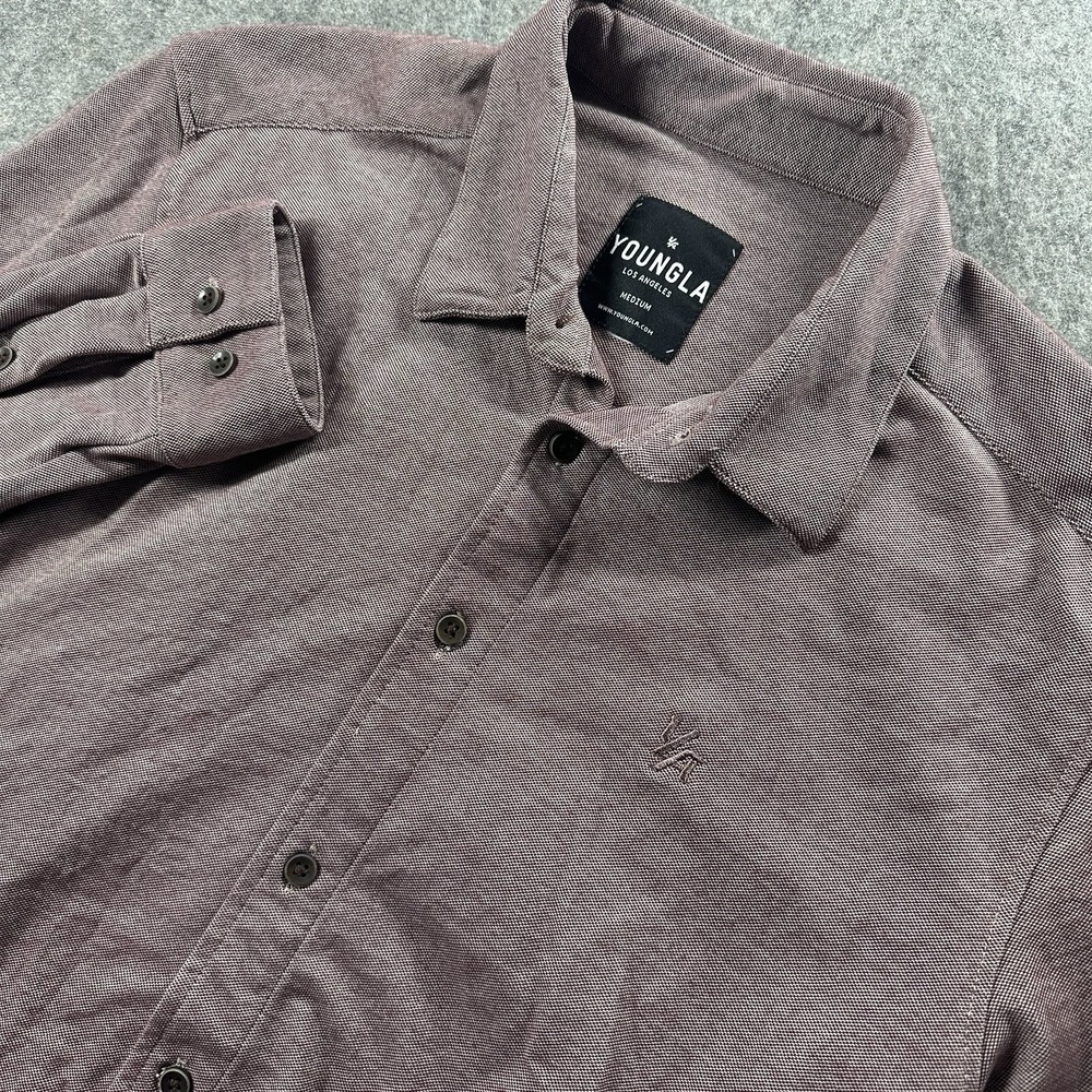 YoungLA Button Down Shirt Mens Medium Maroon Textured Long Sleeve Muscle Fit